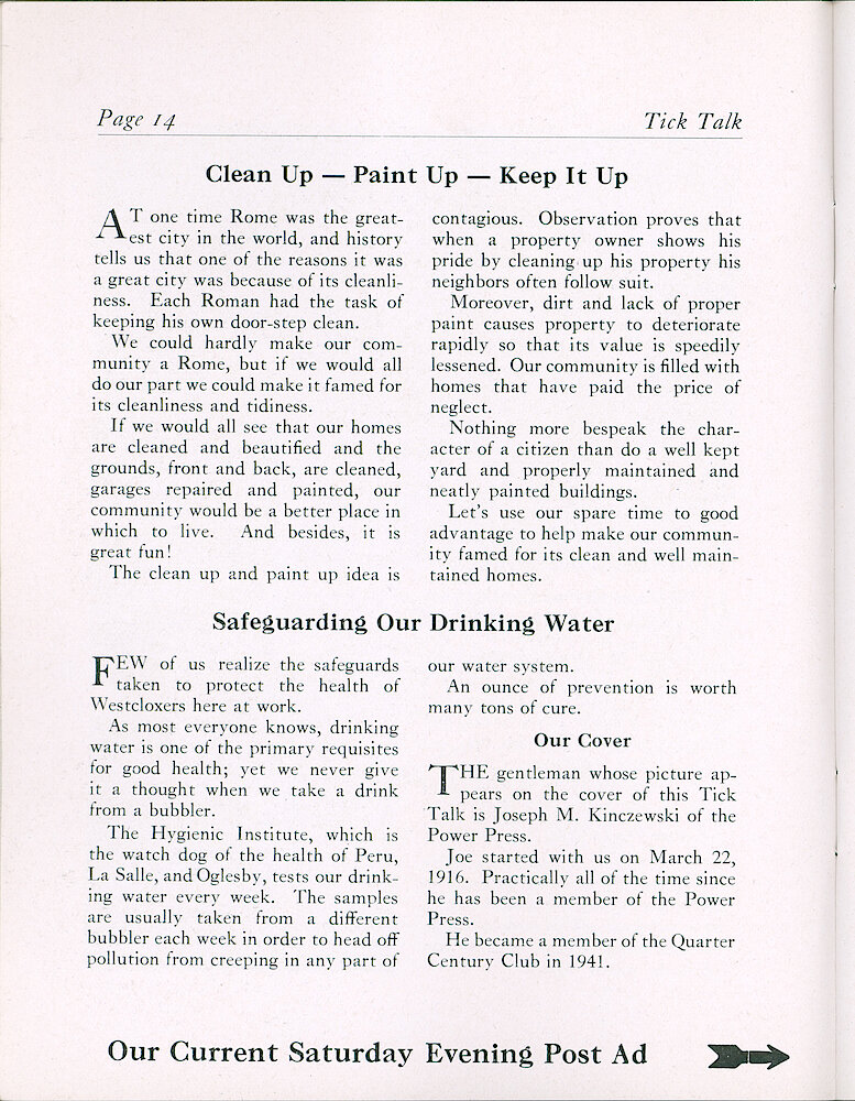 Westclox Tick Talk, May 1946, Vol. 31 No. 5 > 14. Cover Caption: Joseph M. Kinczewski Of Power Press. Joe Started At Westclox In 1916. ADVERTISEMENT CAPTION: Our Current Saturday Evening Post Ad (pointing To Page 15).