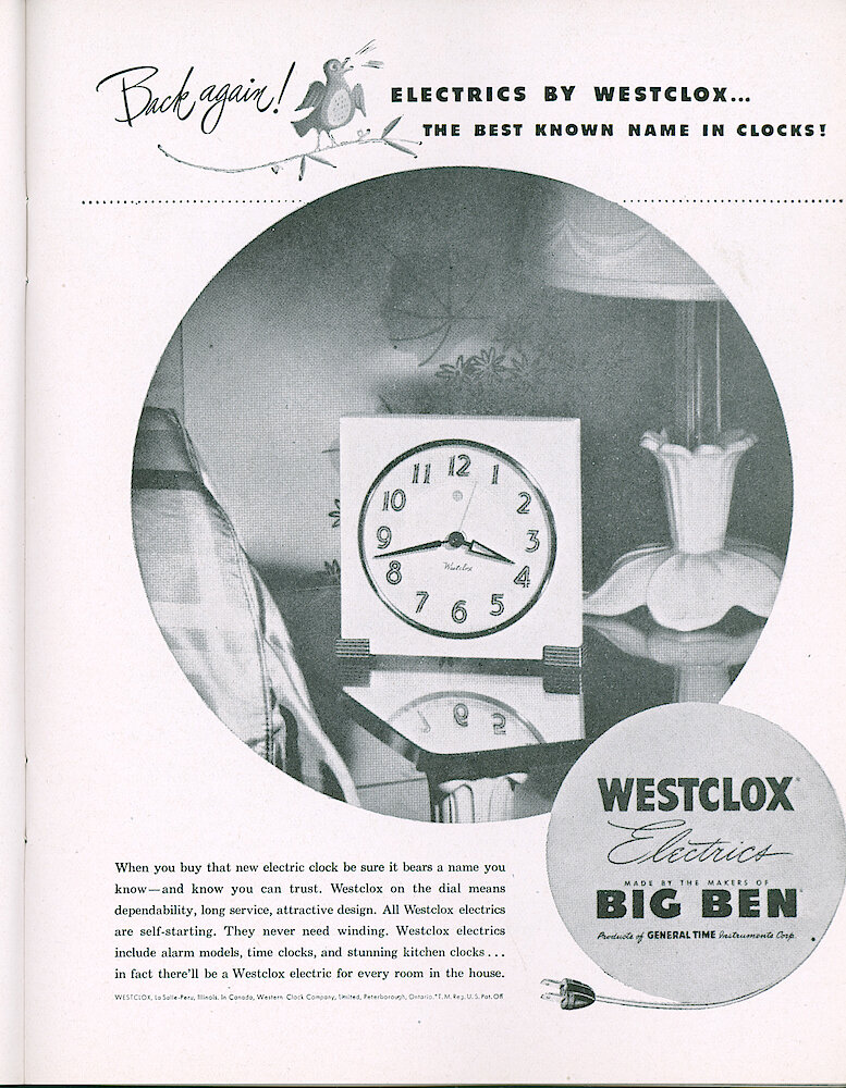 Westclox Tick Talk, May 1946, Vol. 31 No. 5 > 15. Advertisement: Electrics By Westclox . . . The Best Known Name In Clocks. Shows The Logan Electric Alarm Clock.