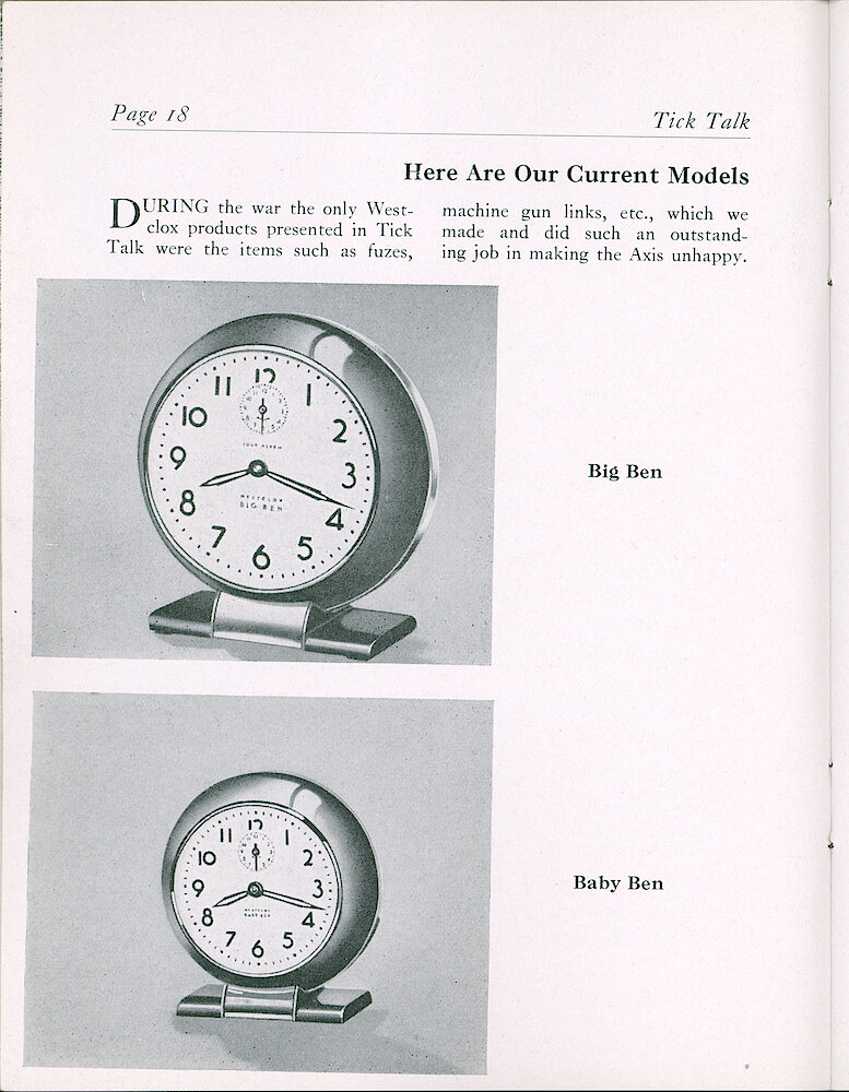 Westclox Tick Talk, May 1946, Vol. 31 No. 5 > 18. Current Models: The Clocks And Watches In Production Since The War Ended: Big Ben And Baby Ben.