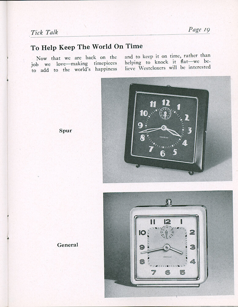 Westclox Tick Talk, May 1946, Vol. 31 No. 5 > 19. Current Models: The Clocks And Watches In Production Since The War Ended: Spur. NEW MODEL: General. (both Clocks Pictured).