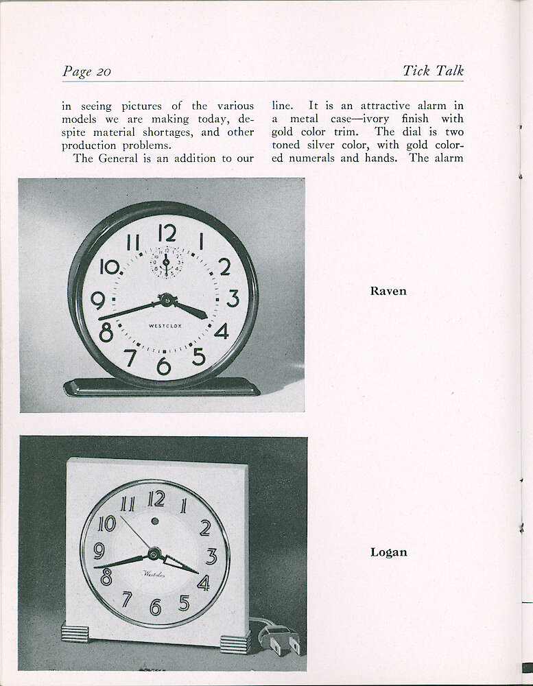 Westclox Tick Talk, May 1946, Vol. 31 No. 5 > 20. Current Models: The Clocks And Watches In Production Since The War Ended: Pictured: Raven, Logan. Described: NEW MODEL: General.