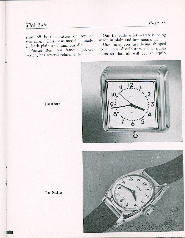 Westclox Tick Talk, May 1946, Vol. 31 No. 5 > 21. Current Models: The Clocks And Watches In Production Since The War Ended: Pictured: Dunbar Electric Wall Clock, La Salle Wrist Watch. Described: Pocket Ben, La Salle.