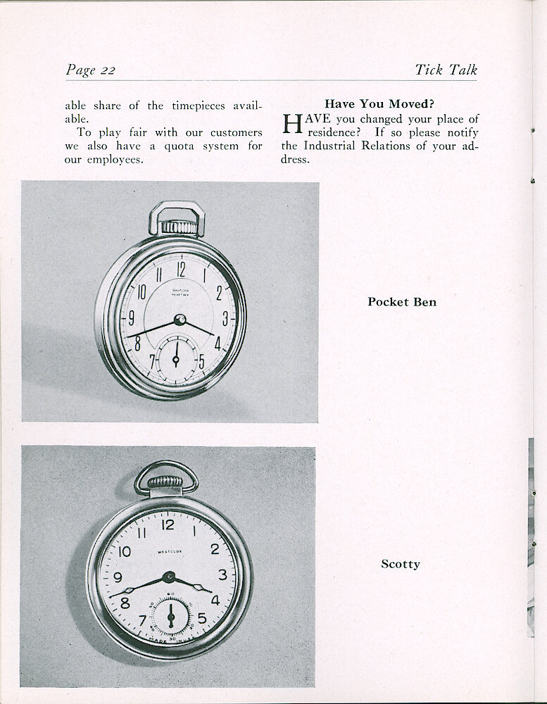 Westclox Tick Talk, May 1946, Vol. 31 No. 5 > 22. Current Models: The Clocks And Watches In Production Since The War Ended: Pictured: Pocket Ben, Scotty Pocket Watch.