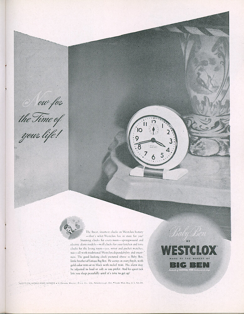 Westclox Tick Talk, July 1946, Vol. 31 No. 7 > 19. Advertisement: "Now For The Time Of Your Life" Pictures A Baby Ben (Style 5) And Says He Comes With Ivory Finish With Gold Trim Or Black With Nickel Trim.