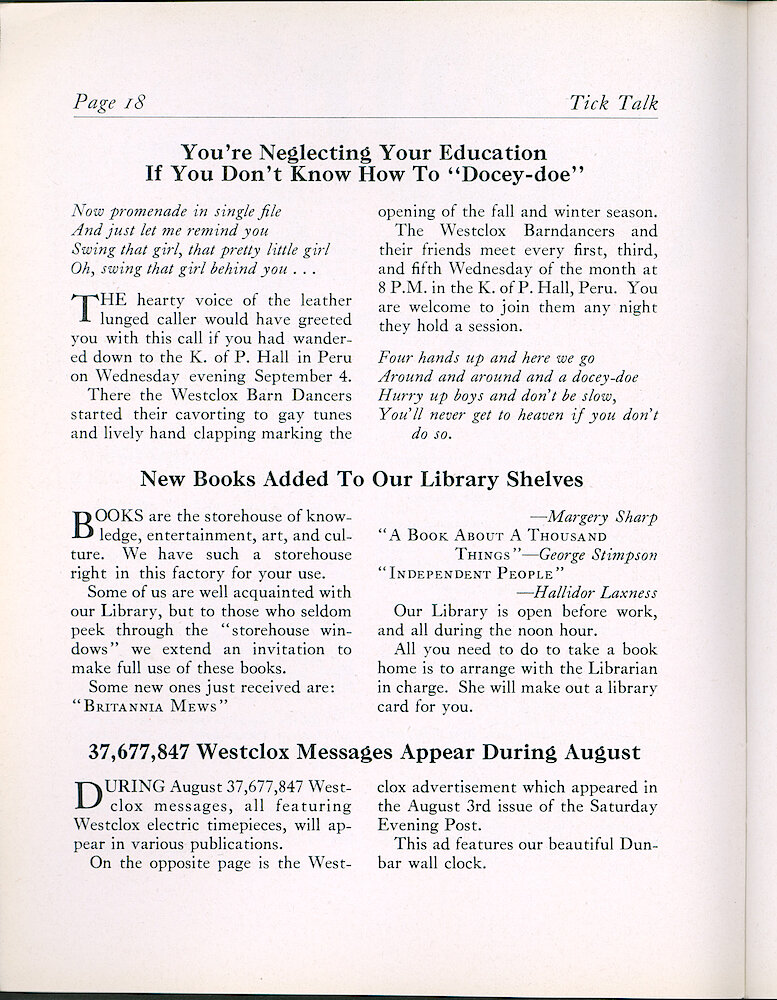 Westclox Tick Talk, August 1946, Vol. 31 No. 8 > 18. Marketing: Advertisement Caption: 37,677,847 Westclox Messages Appear During August. The Ad On The Next Page Appeared In The August 3rd Saturday Evening Post.