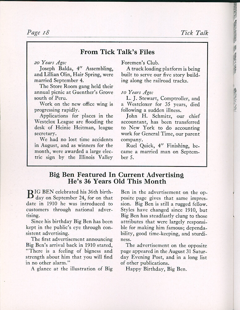 Westclox Tick Talk, September 1946, Vol. 31 No. 9 > 18. Marketing: Advertising Caption: "Big Ben Featured In Current Advertising, He&039;s 36 Years Old This Month". "The Advertisement On The Opposite Page (19) Appeared In The August 31 Saturday Evening Post, And A Long List Of Other Publications.