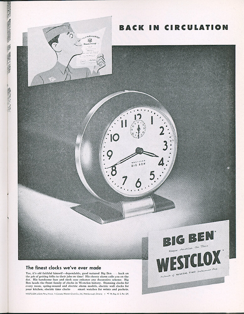 Westclox Tick Talk, September 1946, Vol. 31 No. 9 > 19. Advertisement: "Back In Circulation", Shows Big Ben Black And Nickel (as With Many Ads, It Doesn&039;t Say Chime Alarm Or Loud Alarm" Caption On Page 18.