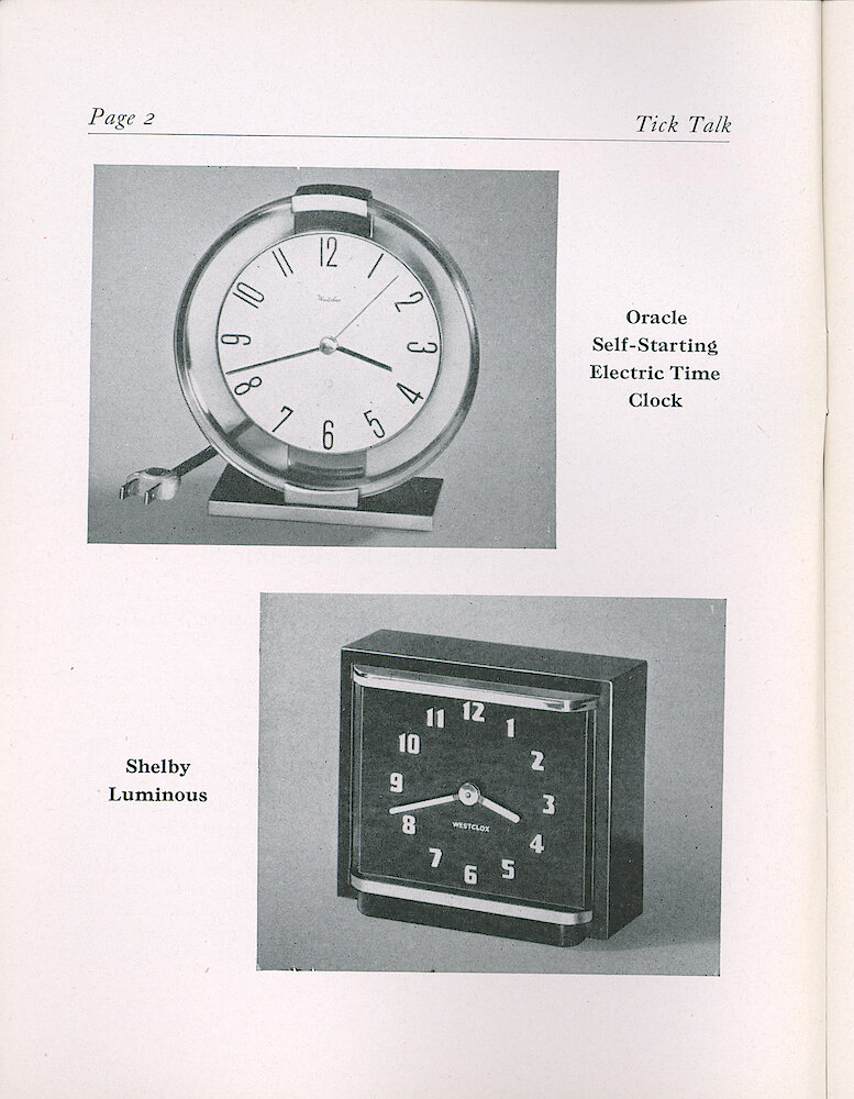 Westclox Tick Talk, October 1946, Vol. 31 No. 10 > 2. New Models: Oracle Electric And Shelby Windup.