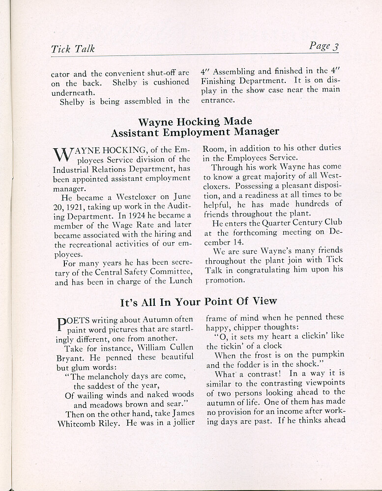 Westclox Tick Talk, October 1946, Vol. 31 No. 10 > 3. New Models: Oracle Electric And Shelby Windup.