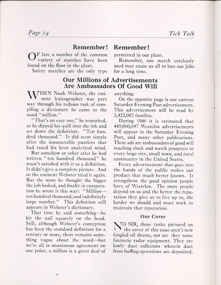 Westclox Tick Talk, October 1946, Vol. 31 No. 10 > 14. Marketing: During 1946 It Is Estimated That 449,060,697 Advertisements Will Appear In The Saturday Evening Post, And Many Other Publications. ADVERTISEMENT CAPTION: On Page 15 Is Our Current Saturday Evening Post Advertisement. COVER CAPTION: The Dust Collectors At The Back Of The Factory .