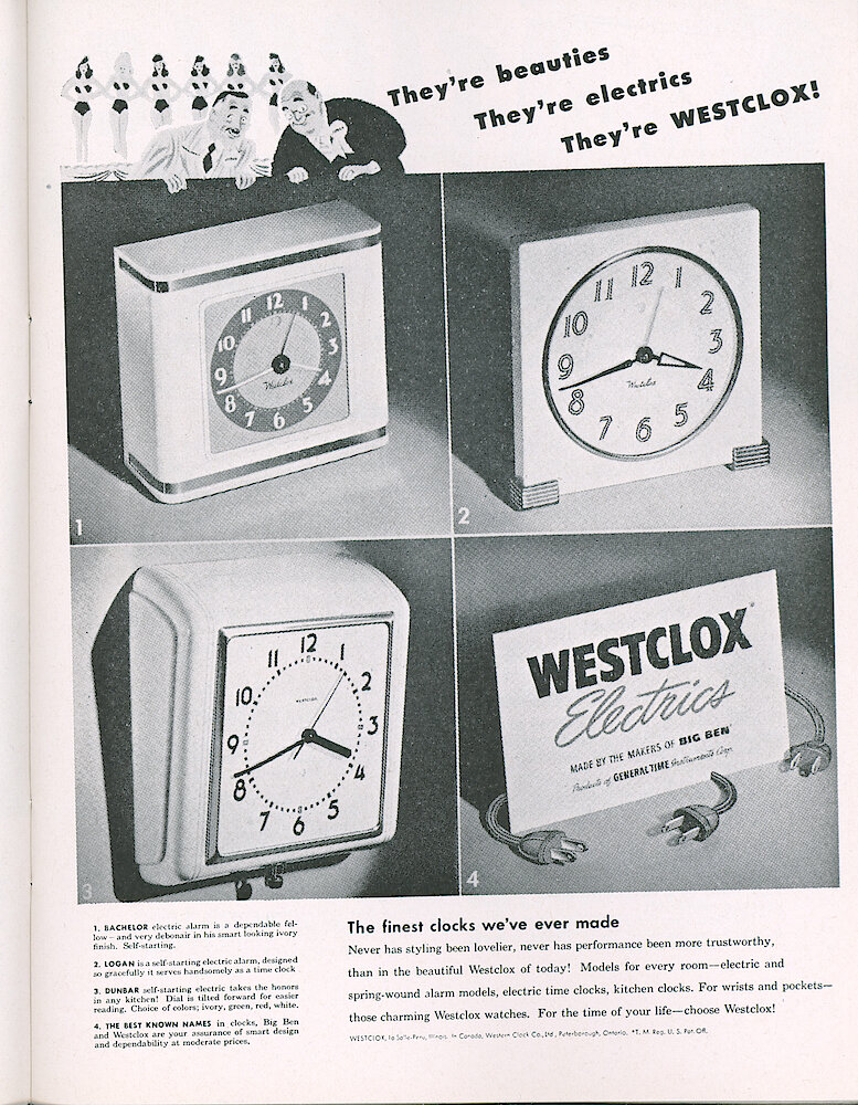 Westclox Tick Talk, October 1946, Vol. 31 No. 10 > 15. Advertisement: They&039;re Beauties—They&039;re Electrics—They&039;re Westclox. Showing Bachelor, Logan And Dunbar Electric Clocks. Caption On Page 14. This Is The Current Saturday Evening Post Ad.