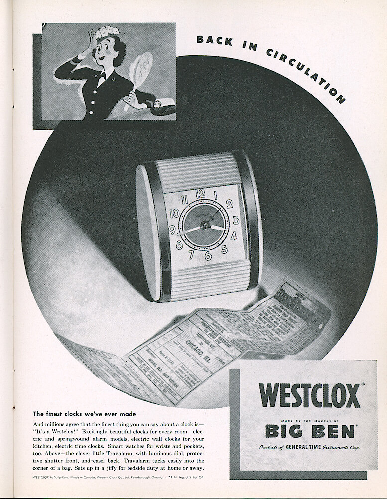 Westclox Tick Talk, November 1946, Vol. 31 No. 11 > 15. Advertisement: "Back In Circulation" Shows Ivory Travalarm.