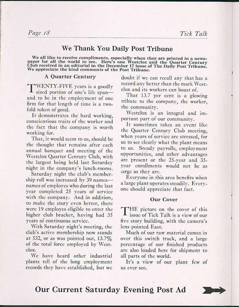 Westclox Tick Talk, January 1947, Vol. 32 No. 1 > 18. Cover Caption: The Westclox Five Story Building, With The Camera&039;s Lens Pointed East. ADVERTISEMENT CAPTION: Our Current Saturday Evening Post Ad (pointing To Page 19).