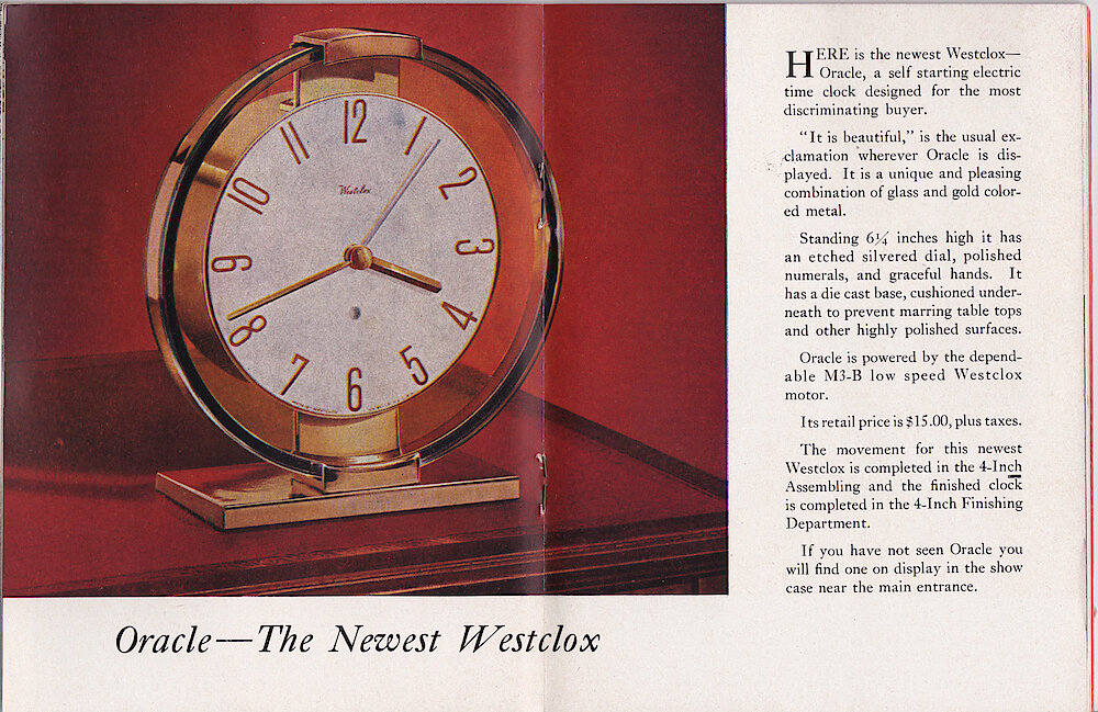 Westclox Tick Talk, January 1947, Vol. 32 No. 1 > 28-29. New Model: Oracle Electric Desk Clock, $15. Has The M3-B Slow Speed Westclox Motor. Self-starting.