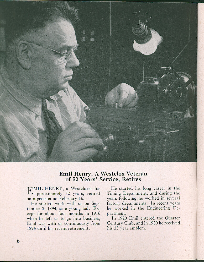 Westlox Tick Talk, February 1947, Vol. 32 No. 2 > 6. Personnel: Emil Henry Retires After 52 Years At Westclox. He Invented A Power Outage Indicator, Patent No. 1956028.