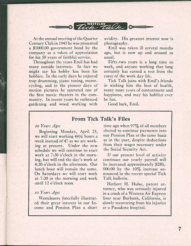 Westlox Tick Talk, February 1947, Vol. 32 No. 2 > 7. Personnel: Emil Henry Retires After 52 Years At Westclox. He Invented A Power Outage Indicator, Patent No. 1956028.