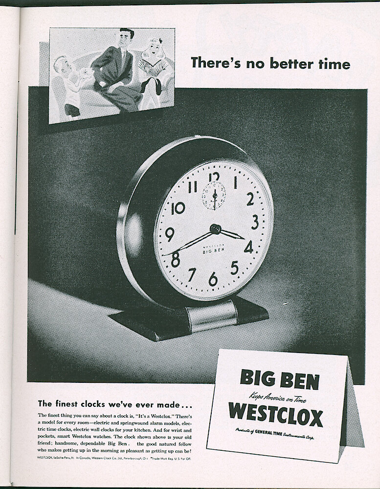 Westlox Tick Talk, February 1947, Vol. 32 No. 2 > 39. Advertisement: "There&039;s No Better Time" Shows Big Ben Black And Nickel.