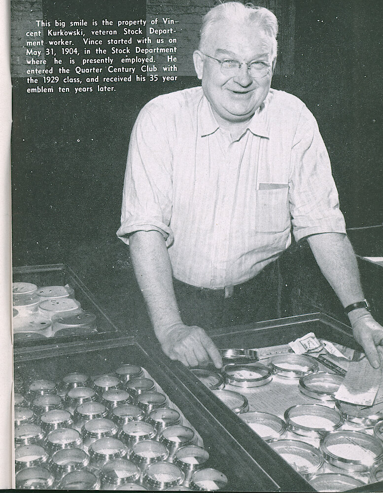 Westclox Tick Talk, March 1947, Vol. 32 No. 3 > 5. Personnel: Vincent Kurkowski In The Stock Department Worked At Westclox Since 1904.