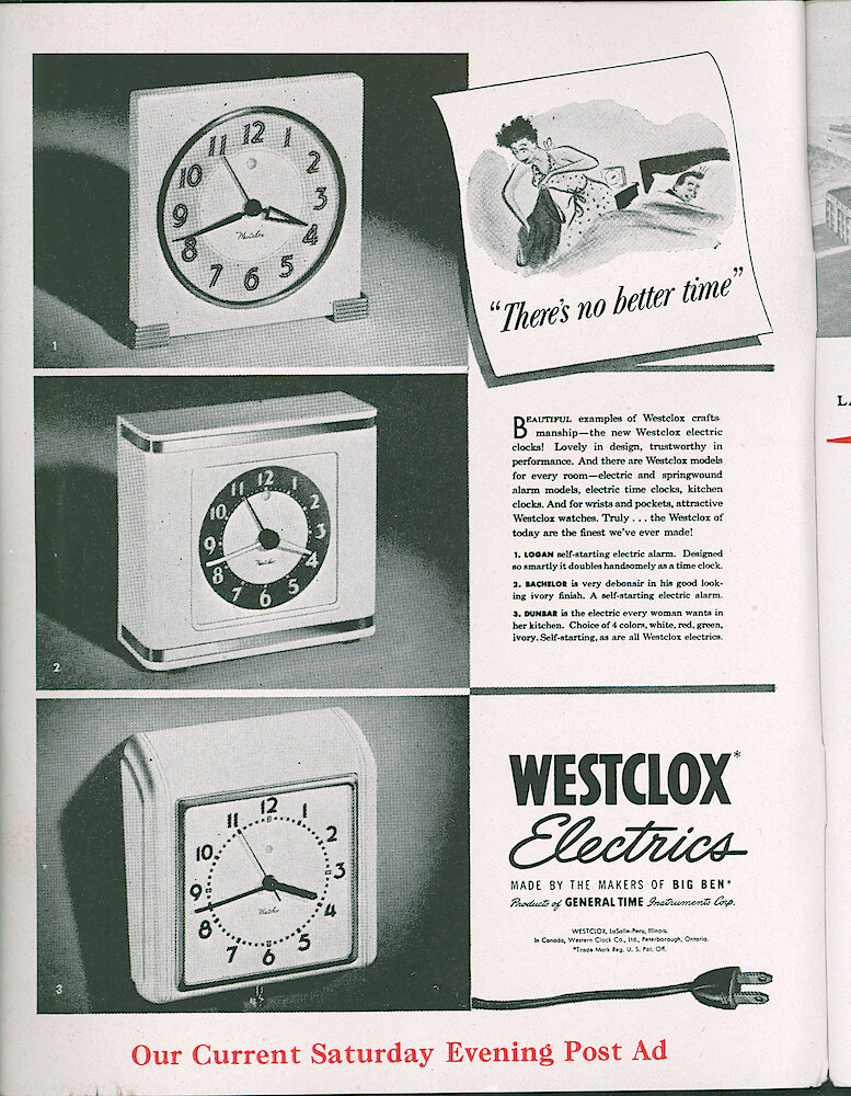 Westclox Tick Talk, April 1947, Vol. 32 No. 4. Advertisement: Our Current Saturday Evening Post Ad "There&039;s No Better Time" Featuring Tide, Bachelor And Dunbar Electric Clocks.