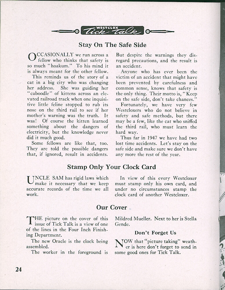 Westclox Tick Talk, April 1947, Vol. 32 No. 4 > 24. Cover Caption: Mildred Mueller And Stella Gende Assembling Oracle Electric Clocks In The 4 Inch Finishing Department.