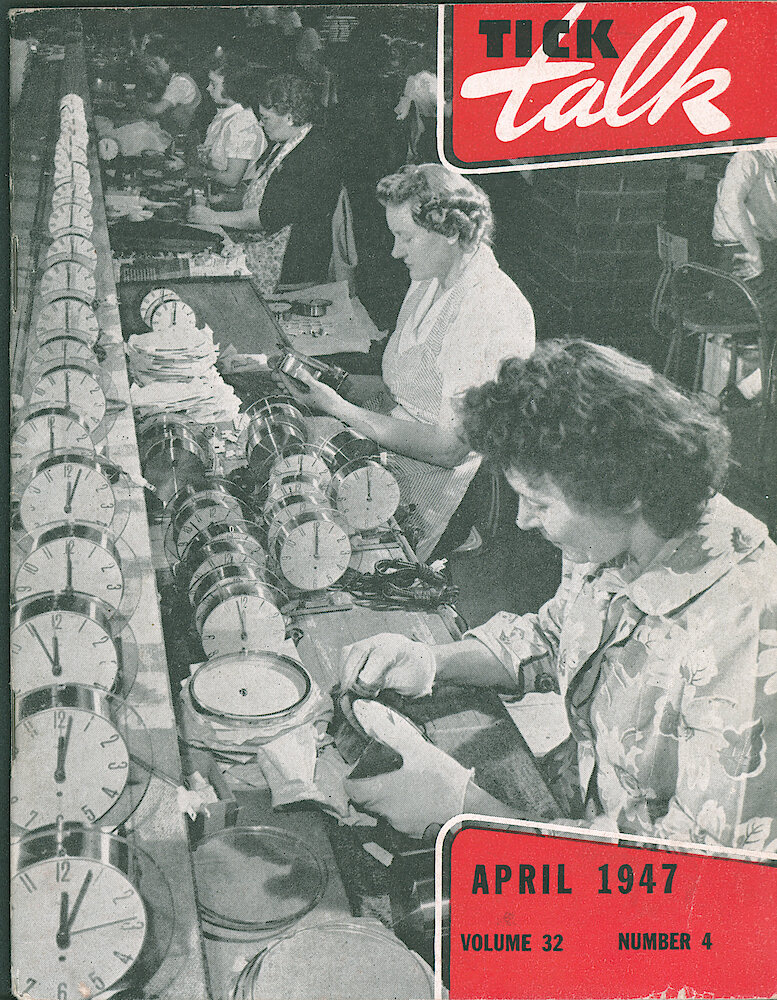 Westclox Tick Talk, April 1947, Vol. 32 No. 4 > F. Factory: Mildred Mueller And Stella Gende Assembling Oracle Electric Clocks In The 4 Inch Finishing Department (caption On Page 24).