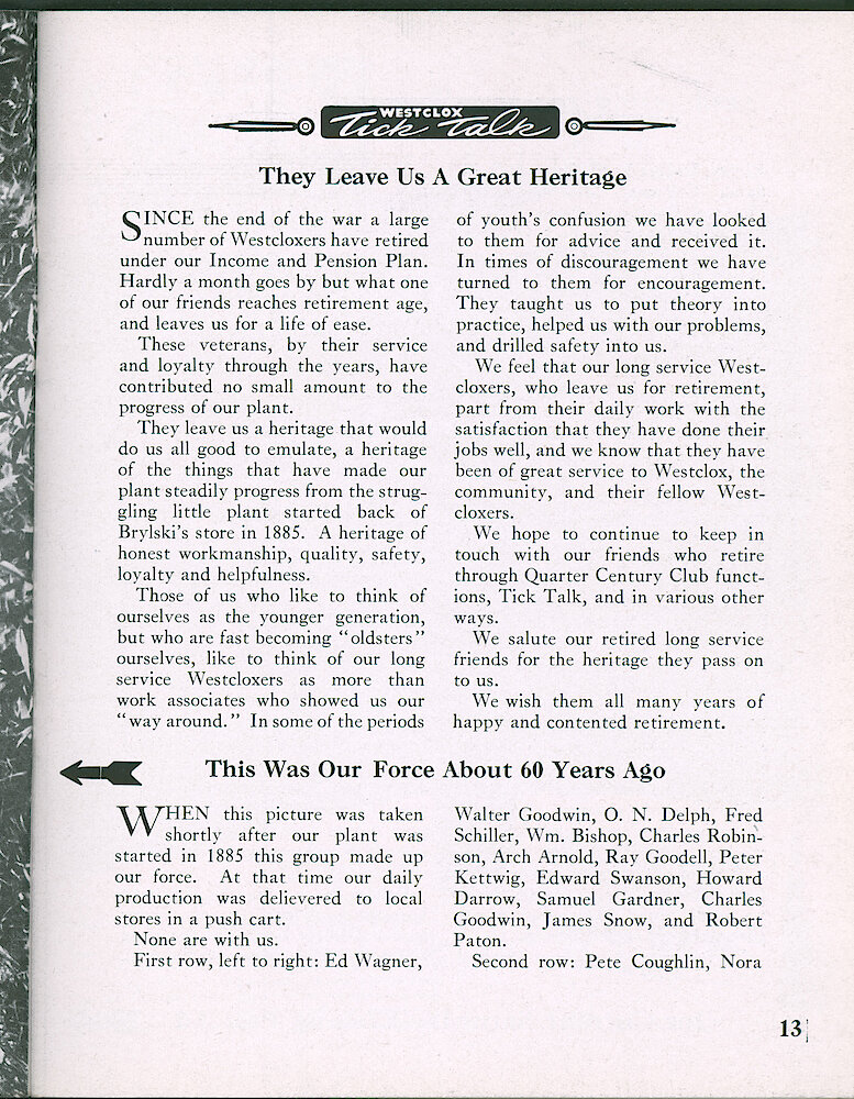 Westclox Tick Talk, May 1947, Vol. 32 No. 5 > 13. Historical Picture Caption:  "This Was Our Force About 60 Years Ago" Gives Their Names.