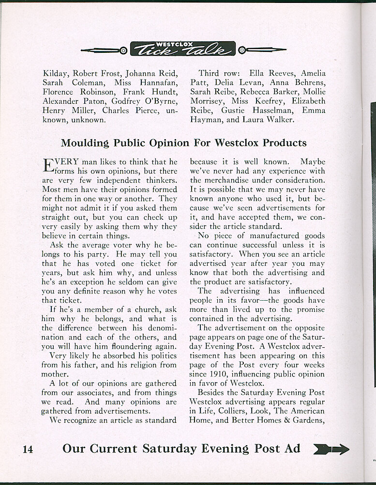 Westclox Tick Talk, May 1947, Vol. 32 No. 5 > 14. Historical Picture Caption:  "This Was Our Force About 60 Years Ago" Gives Their Names. ADVERTISEMENT CAPTION: This Is Our Current Saturday Evening Post Ad (points To Page 15).