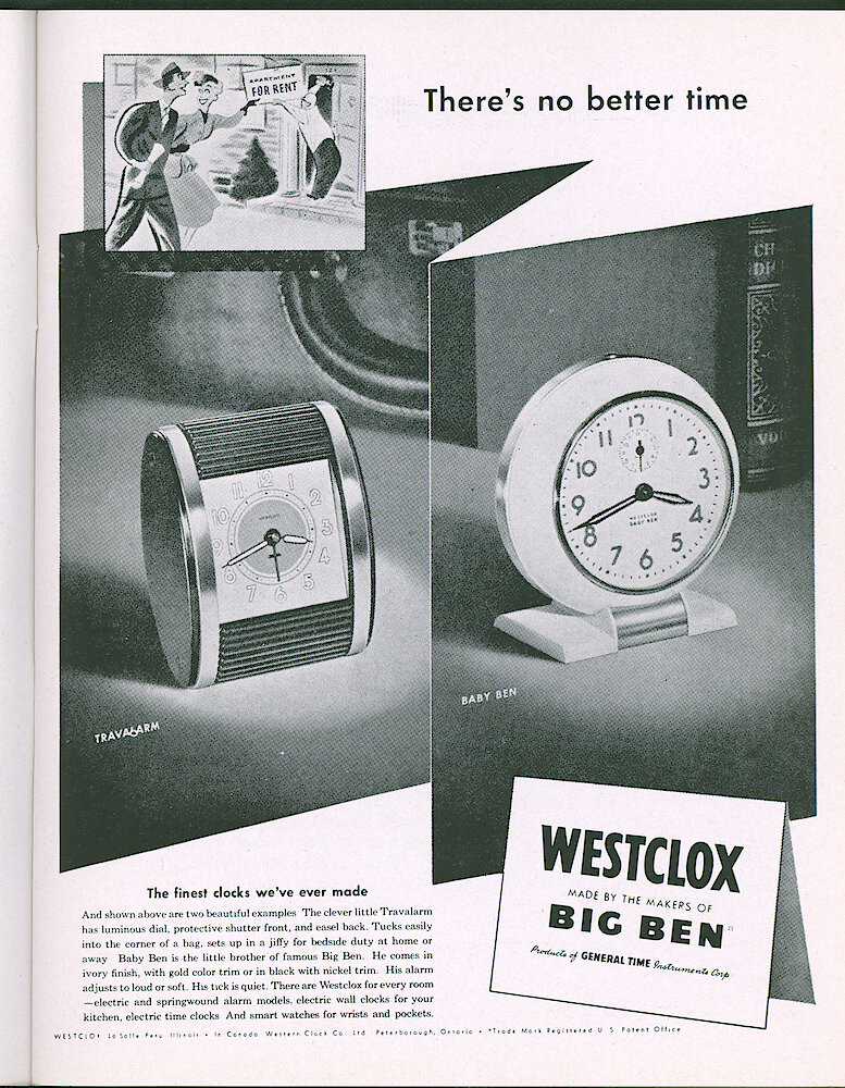 Westclox Tick Talk, May 1947, Vol. 32 No. 5 > 15. Advertisement: "There&039;s No Better Time" Shows Travalarm And Baby Ben. This Is The Current Saturday Evening Post Ad.