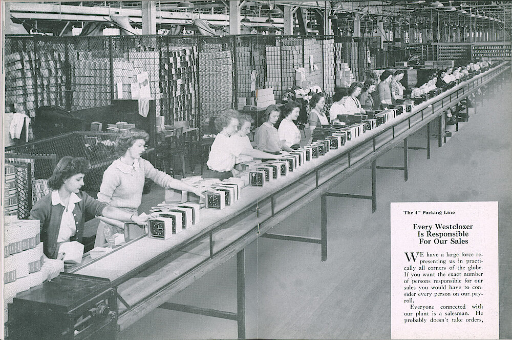 Westclox Tick Talk, May 1947, Vol. 32 No. 5 > 38-39. Picture: The 4" Packing Line, Showing Shelby Alarm Clocks.