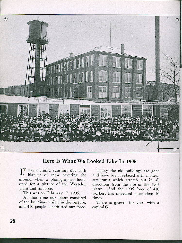 Westclox Tick Talk, July 1947, Vol. 32 No. 7 > 28. Historical Picture: "Here Is What We Looked Like In 1905" Outside The Factory With The 410 Workers.