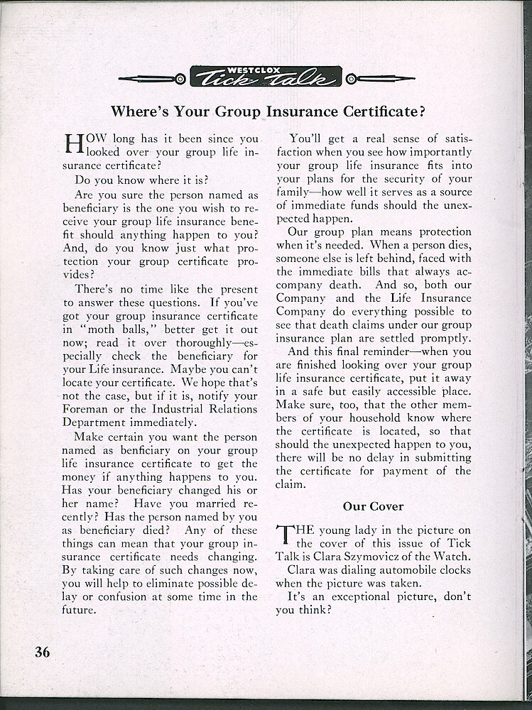 Westclox Tick Talk, July 1947, Vol. 32 No. 7 > 36. Cover Caption: Clara Szymovicz Of The Watch Department Is Dialing Automobile Clocks.