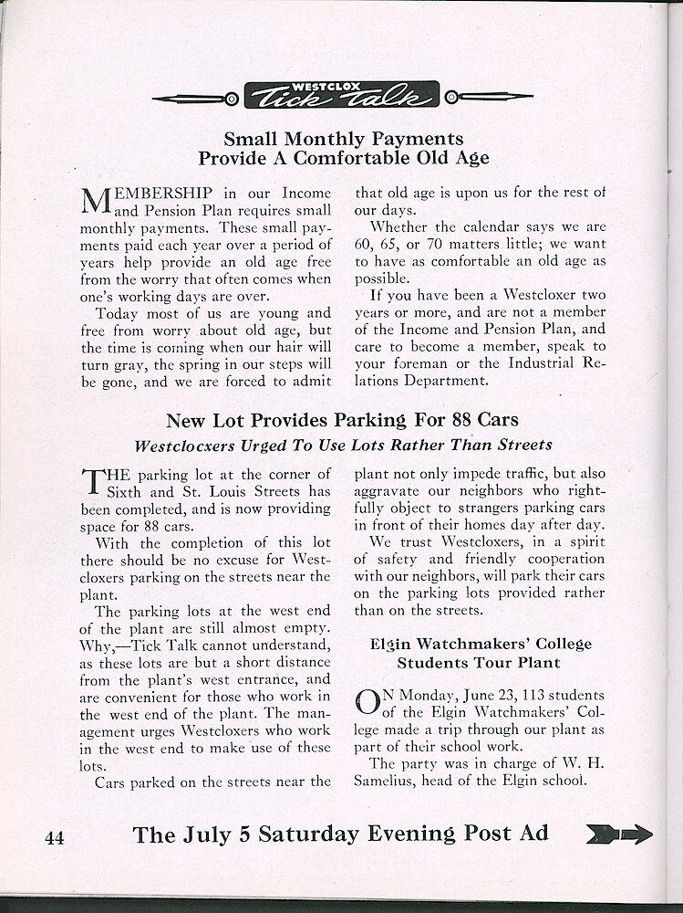 Westclox Tick Talk, July 1947, Vol. 32 No. 7 > 44. Advertisement Caption: On Page 45 Is The July 5, 1947 Saturday Evening Post Ad.