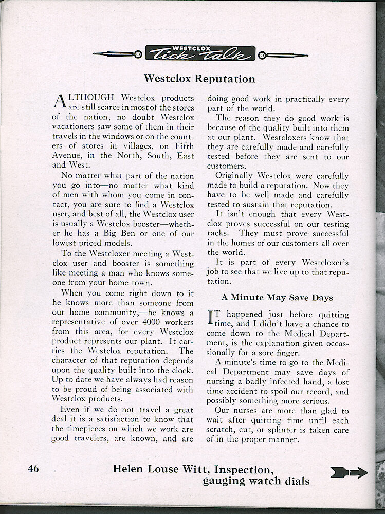 Westclox Tick Talk, July 1947, Vol. 32 No. 7 > 46. Personnel Caption: Helen Louise Witt, Inspection, Gauging Watch Dials (on Page 47).