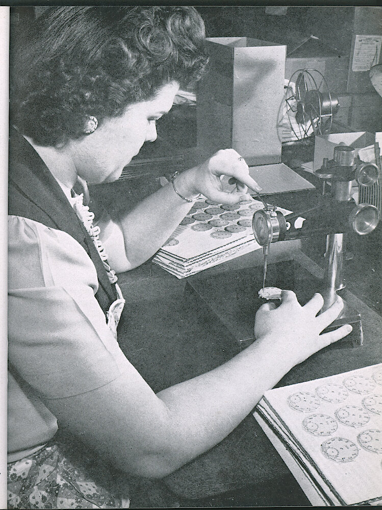 Westclox Tick Talk, July 1947, Vol. 32 No. 7 > 47. Personnel: Helen Louise Witt, Inspection, Gauging Watch Dials (caption On Page 46).