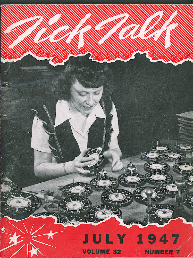 Westclox Tick Talk, July 1947, Vol. 32 No. 7 > F. Factory: Clara Szymovicz Of The Watch Department Is Dialing Automobile Clocks (caption On Page 36).