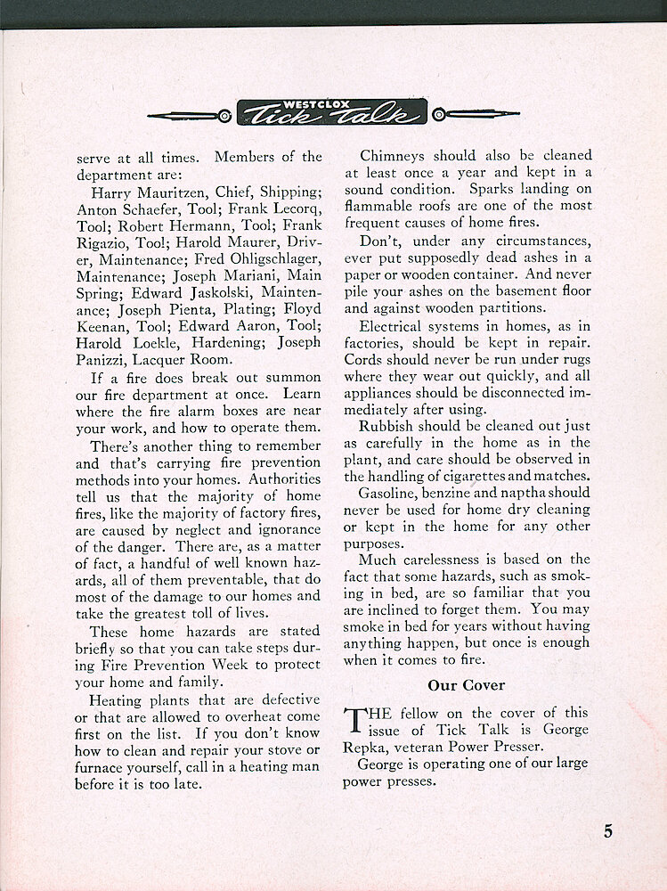 Westclox Tick Talk, September 1947, Vol. 32 No. 9 > 5. Cover Caption: George Repka Of Power Press.