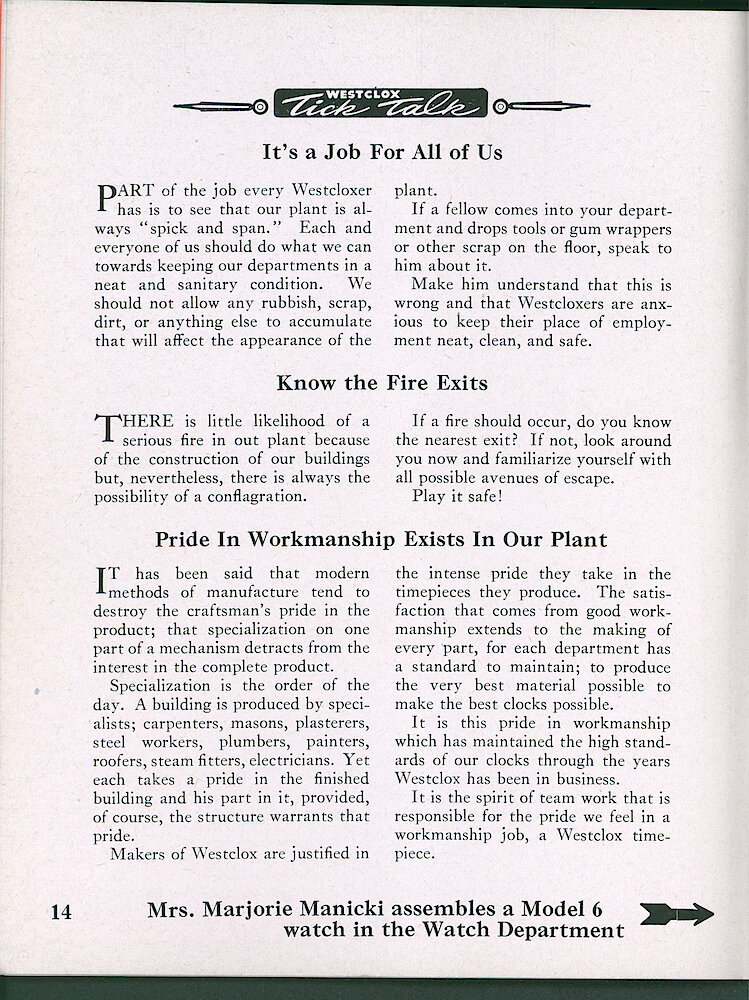 Westclox Tick Talk, September 1947, Vol. 32 No. 9 > 14. Personnel Caption: Mrs. Marjorie Manicki Assembles A Model 6 Watch In The Watch Department (picture On Page 15).