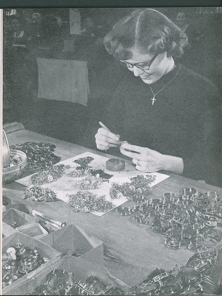 Westclox Tick Talk, September 1947, Vol. 32 No. 9 > 15. Mrs. Marjorie Manicki Assembles A Model 6 Watch In The Watch Department (caption On Page 14).