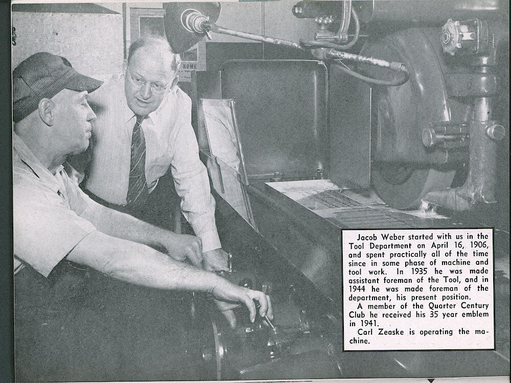 Westclox Tick Talk, September 1947, Vol. 32 No. 9 > 24. Personnel: Jacob Weber Started With Westclox In 1906. Carl Zeaske Is Operating The Machine.