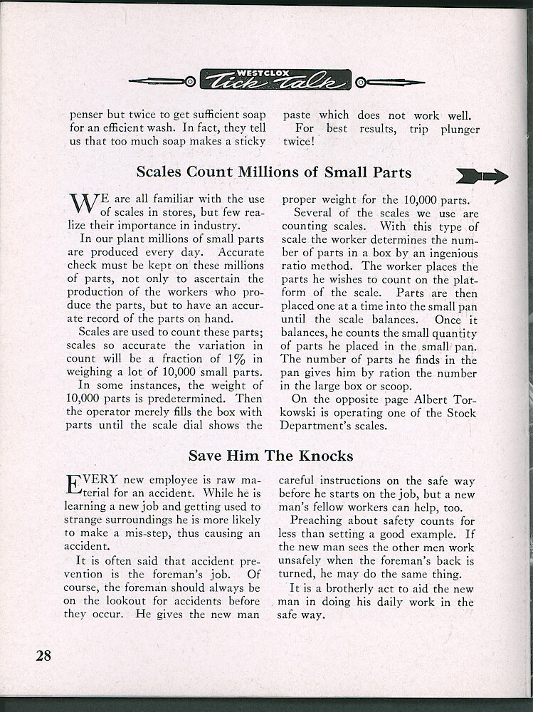 Westclox Tick Talk, September 1947, Vol. 32 No. 9 > 28. Manufacturing: "Scales Count Millions Of Small Parts".