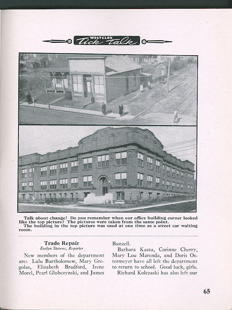 Westclox Tick Talk, September 1947, Vol. 32 No. 9 > 65. Historical Picture: The Corner Where Our Office Building Is, Before And After.