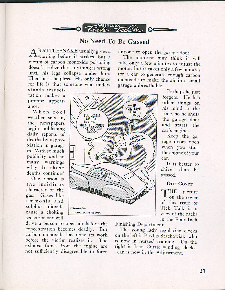 Westclox Tick Talk, October 1947, Vol. 32 No. 10 > 21. Cover Caption: Phyllis Stachowiak On The Left Is Regulating Clocks, And Jean Currie Is Winding Clocks.