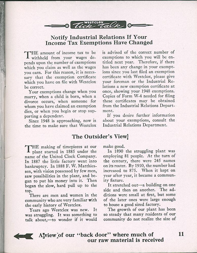 Westclox Tick Talk, November 1947, Vol. 32 No. 11 > 11. Caption: A View Of Our "back Door" Where Much Of Our Raw Material Is Received (picture On Page 10). HISTORICAL ARTICLE: "The Outsider&039;s View" Brief Company History.