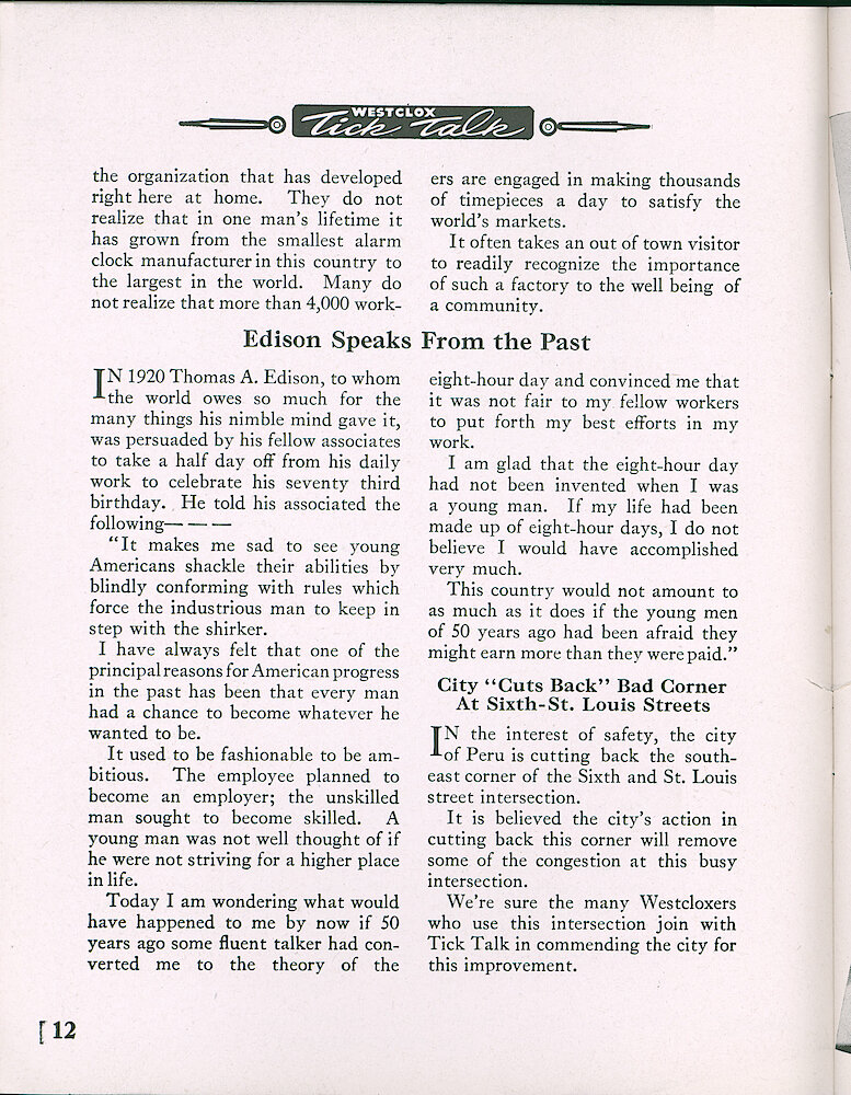 Westclox Tick Talk, November 1947, Vol. 32 No. 11 > 12. Historical Article: "The Outsider&039;s View" Brief Company History.