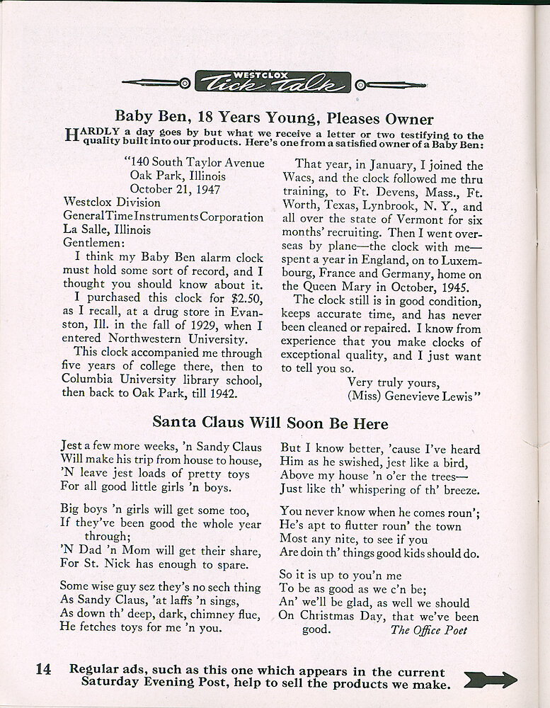 Westclox Tick Talk, November 1947, Vol. 32 No. 11 > 14. Advertisement Caption: "Regular Ads, Such As This One Which Appears In The Current Saturday Evening Post, Help To Sell The Products We Make." Points To The Ad On Page 15.