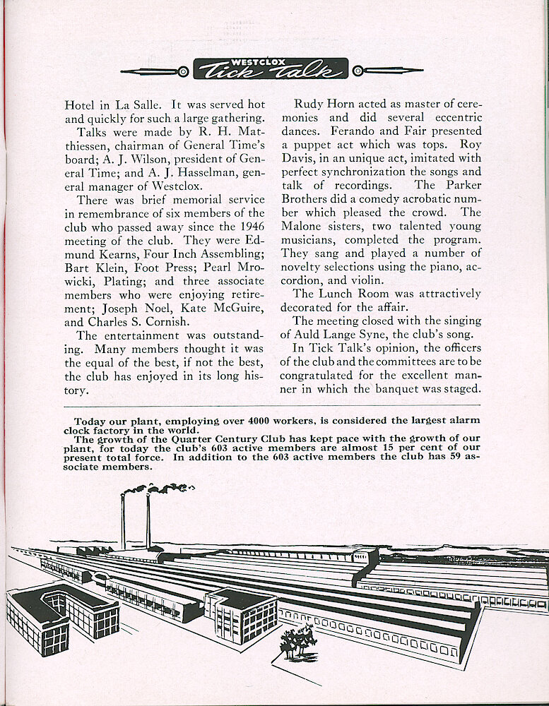Westclox Tick Talk, December 1947, Vol. 32 No. 12 > 7. Factory: "Today Our Plant, Employing Over 4000 Workers, Is Considered The Largest Alarm Clock Factory In The World."