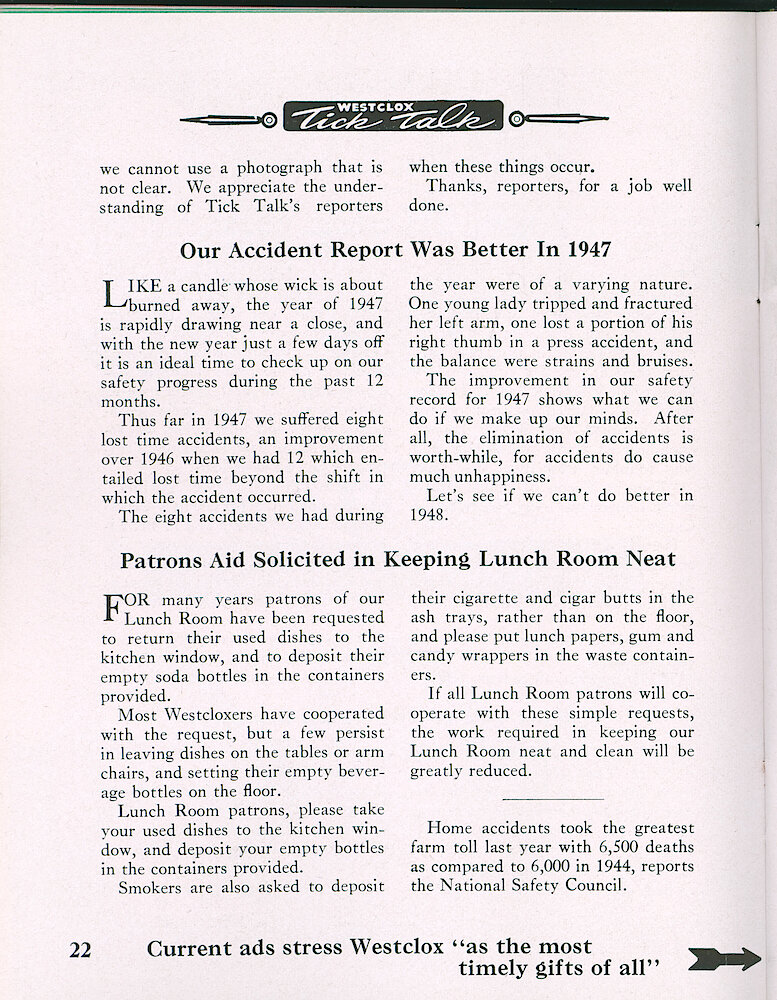 Westclox Tick Talk, December 1947, Vol. 32 No. 12 > 22. Advertisement Caption: "Current Ads Stress Westclox "as The Most Timely Gifts Of All". Points To Ad On Page 23.