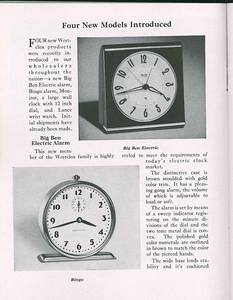 Westclox Tick Talk, December 1947, Vol. 32 No. 12 > 24. New Models: Big Ben Electric (brown Molded Case With Brass Trim); Bingo Style 2 (my Data Shows This Was Also Made Before The War) In Metallic Brown Case (actually Looks Gray); Monitor 12" Dial Electric Wall Clock (made At The Seth Thomas Plant In Thomaston, Conn. And Sold By Both Westclox And Seth ... 