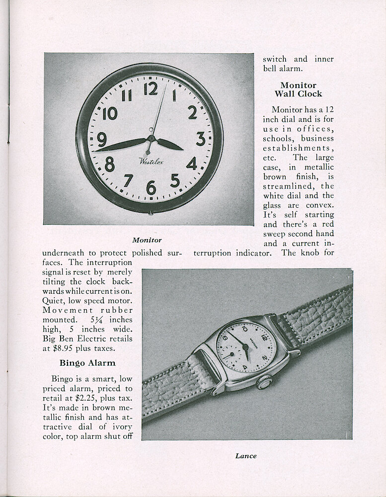 Westclox Tick Talk, December 1947, Vol. 32 No. 12 > 25. New Models: Big Ben Electric (brown Molded Case With Brass Trim); Bingo Style 2 (my Data Shows This Was Also Made Before The War) In Metallic Brown Case (actually Looks Gray); Monitor 12" Dial Electric Wall Clock (made At The Seth Thomas Plant In Thomaston, Conn. And Sold By Both Westclox And Seth ... 