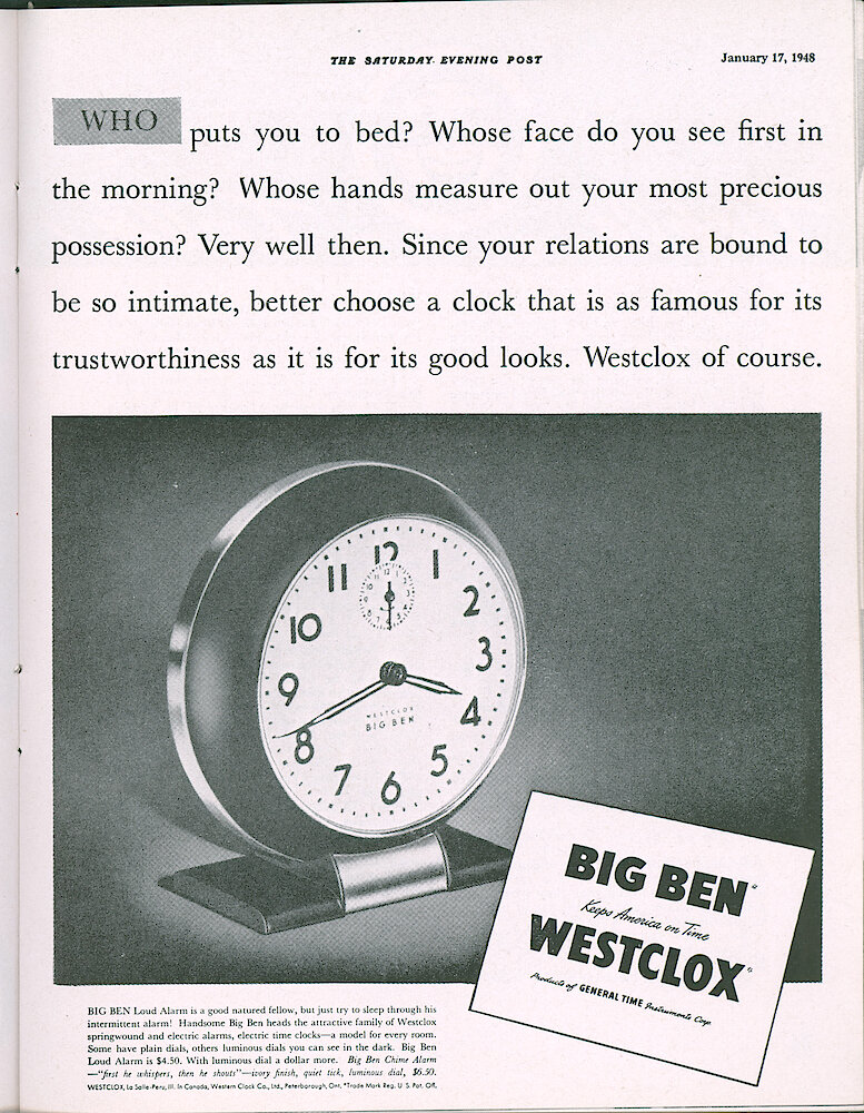 Westclox Tick Talk, January 1948, Vol. 33 No. 1 > 23. Advertisement: "Who Puts You To Bed . . . " Shows Big Ben. January 17, 1948 Saturday Evening Post.